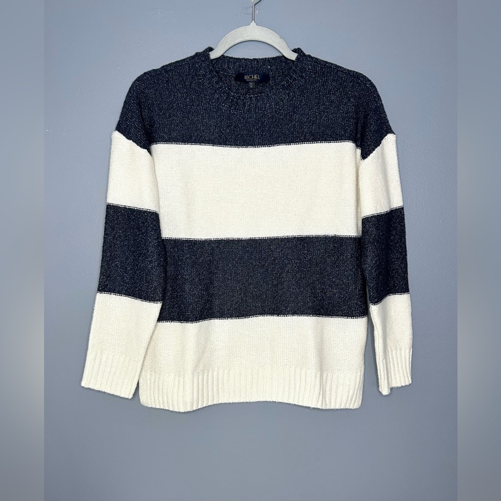 Rachel Roy Sweater Womens XS Blue White Striped Boxy Soft Knit Coastal Nautical